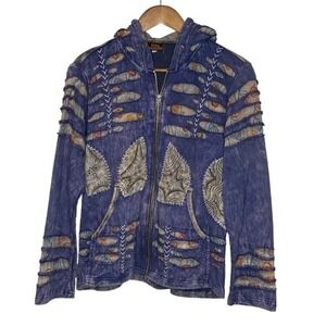 Rising International Womens Razor Cut Patch Full Zip Hoodie L Nepal Boho Hippie